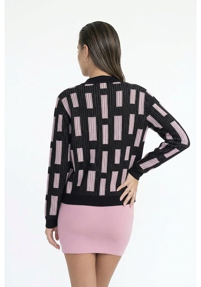 Neden Tekstil Kadın Geometrik Desenli Premium Triko Hırka - Siyah-pembe