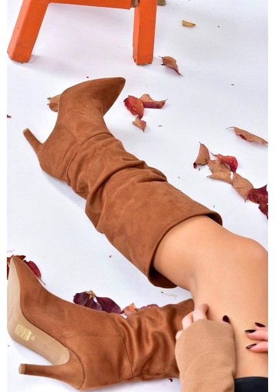 Fox Shoes Taba Süet Ince Topuklu Kadın Çizme L404868002