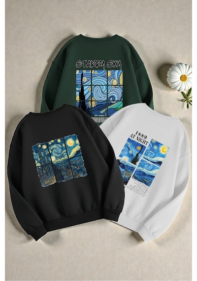 Uyguntarz Çok Renkli En Sevilen Vangogh Serisi Baskılı Sweatshirt 3'lü Fırsat Paketi