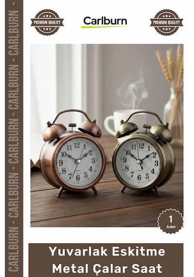 Saat Retro Vintage Dekoratif Hediyelik Sessiz 8 Cm Işıklı Yuvarlak Eskitme Metal Çalar Saat Çok Renkli