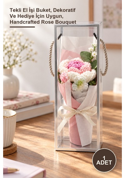 1 Adet El Örgüsü Gül Buketi Tekli El İşi Buket, Dekoratif Ve Hediye İçin Uygun, Handcrafted Rose Bouquet