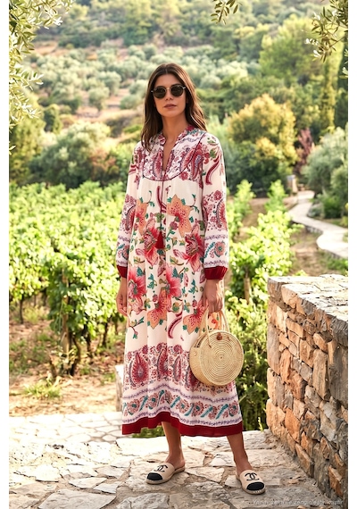 Lela Modest Desenli Regular Fit Bağlamalı V Yaka Maxi Bayan Elbise 611El510 Bordo Lela Modest Desenli Regular Fit Bağlamalı V Yaka Maxi Bayan Elbise 611El510 Bordo