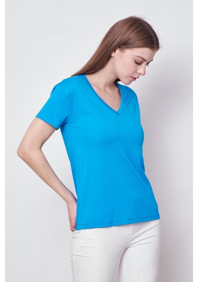 Jument Kadın V Yaka Kısa Kol Likralı Span Kumaş Şık T-shirt Bluz-mavi Mavi