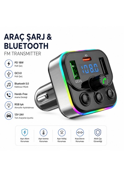 Bluetooth Araç Kiti Fm Transmitter Usb Type-c Pd Rgb Led Işıklı Flash Bellek Mp3 Çakmaklık Girişli