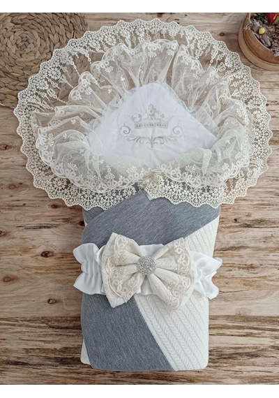 Yenidoğan Teri Cotton Taç Nakışlı Prizma Taş Kundak Bebek Battaniyesi Krem Krem