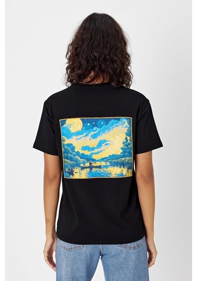 Yapay Zeka Tasarım Sırt Aplike Özel Baskılı %100 Pamuklu Penye Regular Fit T-shirt Vangogh SIYAH