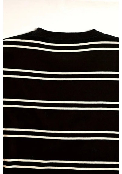 Tarz Cool Erkek Çizgi Detaylı Slim Fit Bisiklet Yaka Triko T-shirt Siyah