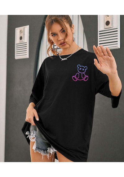 Aselinda Ayıcık Baskılı Özel Tasarım Bisiklet Yaka Pamuklu T-shirt Siyah