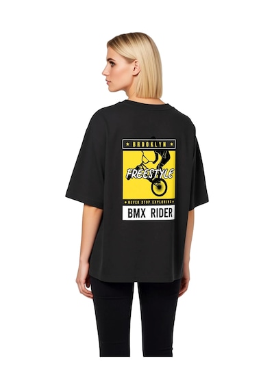 Paybuy Kadın Oversize Tişört Bmx Freestyle Brooklyn Baskılı Rahat Kesim Siyah
