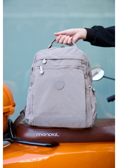 Sanmorris Unisex Suya Dayanıklı Krinkıl Kumaş Çok Gözlü Vizon Laptop Okul Ve Sırt Çantası Vizon