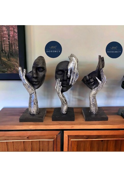 Doremcy 3lü El Detaylı Gold Yüz Biblo Dekoratif Obje Set Gümüş