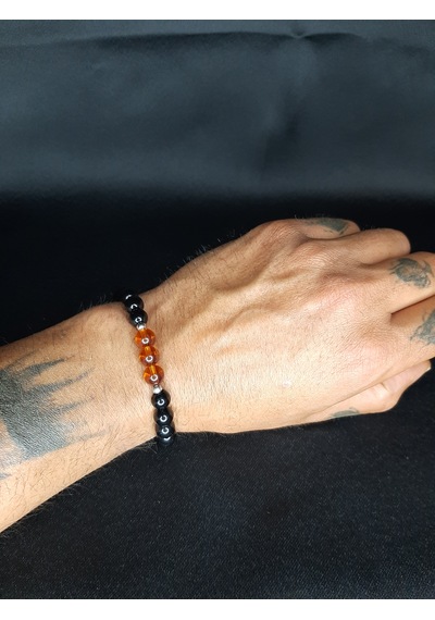 Doğal Görünümlü Siyah Cam & Amber Boncuklu El Yapımı Bileklik - Unisex Siyah - Kahverengi