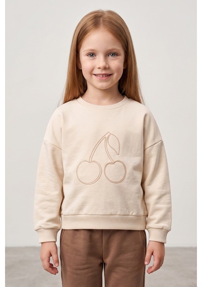 Fullamoda Kiraz Nakışlı Bisiklet Yaka Kız Çocuk Sweatshirt Bej