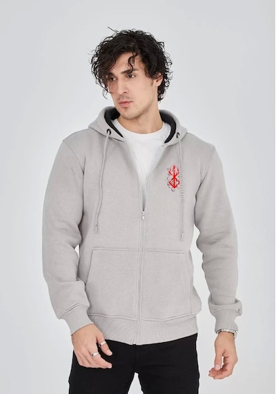 Unisex Baskılı Tam Fermuarlı Kapşonlu Sweatshirt - Boyalı Gri Boyalı Gri