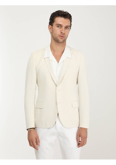 Kip Ekru Düz Slim Fit Örme Ceket 001