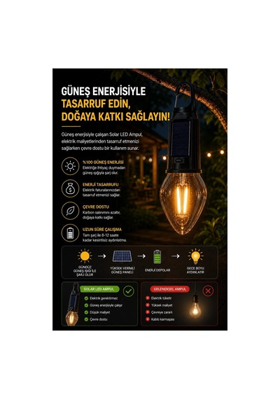 Robeve Solar Led Ampul Bahçe Aydınlatması 3 Kademeli Işık, Enerji Tasarruflu Abs Malzeme Gün Işığı