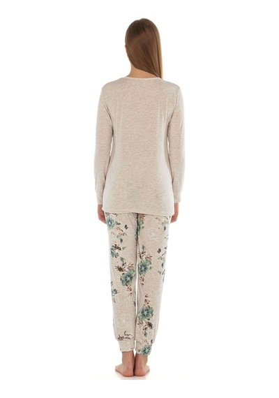 Vishenka Kadın Kahve Melanj Viskon Likralı Baskılı Pijama Takımı Beyaz