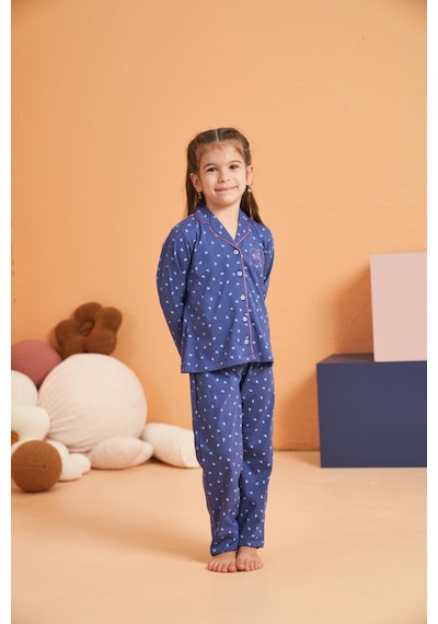 Pjs Kız Çocuk Kalpli Önden Düğmeli Gömlek Yaka Uzun Kollu Pijama Takım Mavı
