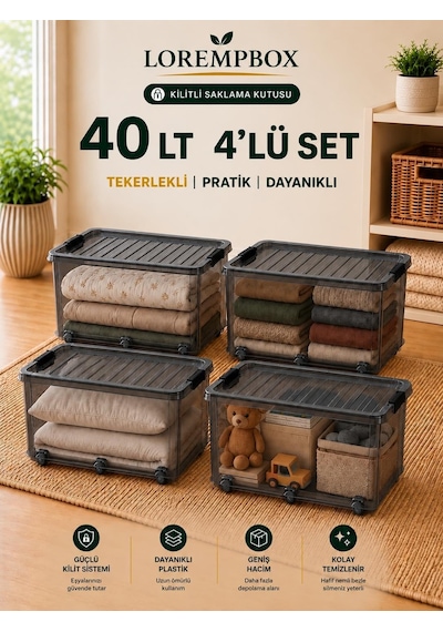 Lorempbox 40 L Tekerlekli Kilitli Saklama Kutusu 4'lü Set Antrasit Diğer