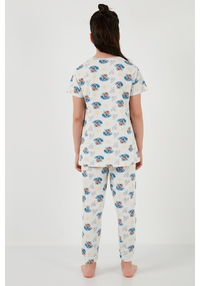 Lela % 100 Pamuk Bisiklet Yaka Kısa Kollu Kız Çocuk Pijama Takımı 6651004 Ekru-Mavi