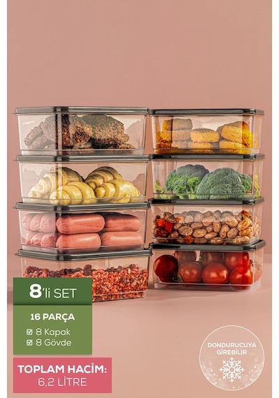 Vienev 8'li 775 Ml Buzdolabı Düzenleyici Organizer Mikrodalgaya Uygun Difriz Saklama Kabı Gri Gri
