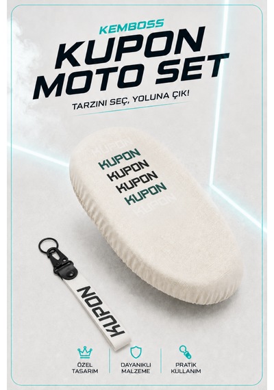 Kupon Yazılı Motosiklet Sele Kılıfı Ve Kumaş Anahtarlık Seti Beyaz Dekoratif