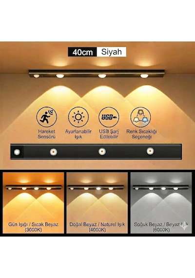 Akasya Sensörlü Şarjlı Kabin Altı Led Aydınlatma, Heroled 40cm Ultra Slim Siyah, 3 Farklı Işık