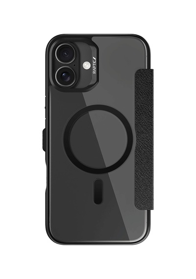 Apple Uyumlu iPhone 16 Kılıf Magsafe Vegan Deri Şeffaf Kartlıklı Raptic Urban Folio Serisi Kapak Siyah Siyah