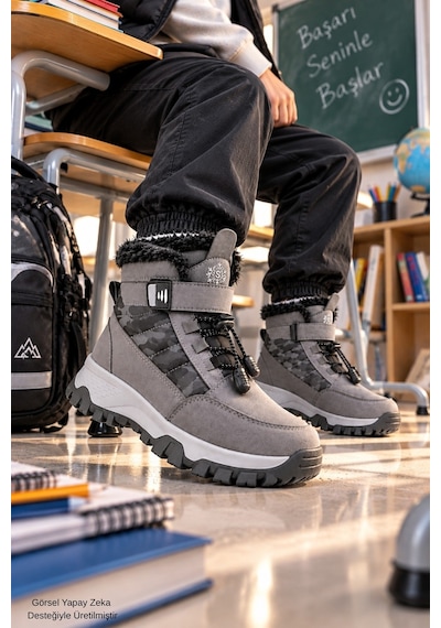 Muggo Tundy İçi Kürklü Cırtlı Ve Bağcıklı Unisex Çocuk Kar Botu Gri