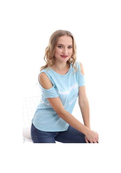 Kadın Omuz Açık Bebek Mavi Batik T-Shirt