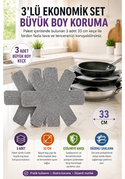 3'lü Gri Tava Çizdirmez Keçe Koruyucu 33 Cm Tava Tencere Ayırıcı Çizik Önleyici Organizer Set