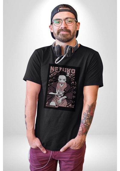 Nezuko Demon Slayer Unisex Unisex Siyah Organik Baskılı T-shirt Penye Yüksek Kalite Siyah