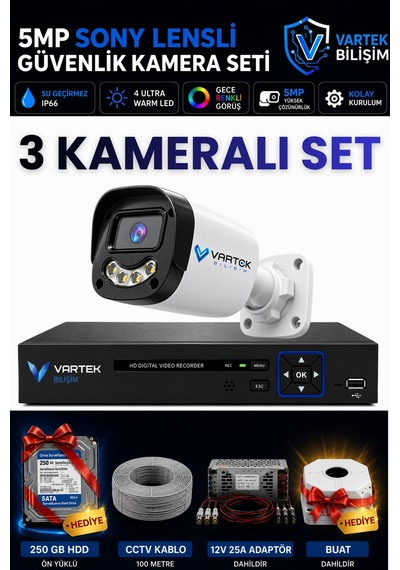 3 Kameralı Full Hd Güvenlik Kamera Seti 250gb Hdd  5mp Gece Renkli Görüşlü - Sabit Ip Gerektirmez