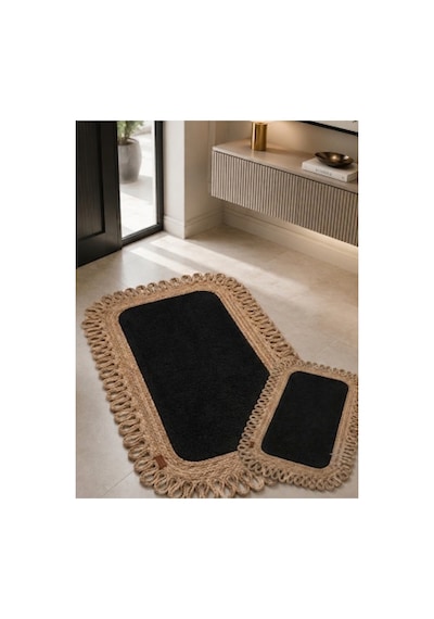 Dikdörtgen Örgü Desenli Pelüş Detaylı Hasır Kahverengi Dekoratif Paspas 60x100 / 50x60 Siyah Siyah