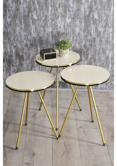 Zigon Sehpa Ve Orta Sehpa Elips Set Çift Gold Metal Krem