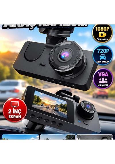 3 Kameralı Araç İçi Yol Kayıt Kamerası 1080p Ön, 720p Arka, Vga İç Kamera Ve 2 İnç Ekran