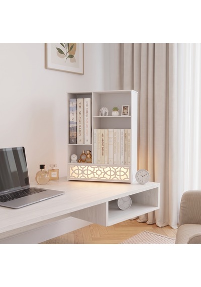 Işıklı Metal Masa Düzenleyici Masaüstü Kitaplık Minimalist Kitap Tutucu Beyaz