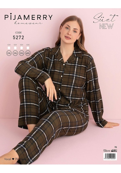 Pijamerry Kadın Büyük Beden Gömlek Yaka Süet Uzun Kol Pijama Takımı 5272- 1 Adet 001
