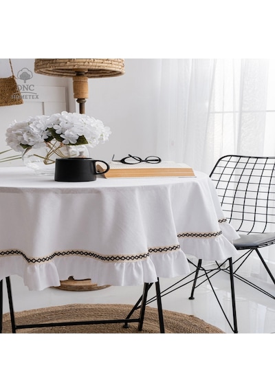 Dnc Home Tekstil Premium Keten Beyaz Fırfırlı Özel Seri Masa Örtüsü Beyaz