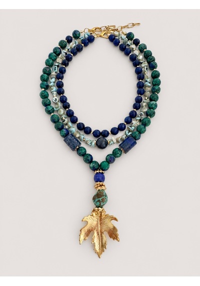 El Yapımı Lapis Lazuli, Azurit & Sedef Doğal Taş Kolye Seti Mavi - Yeşil