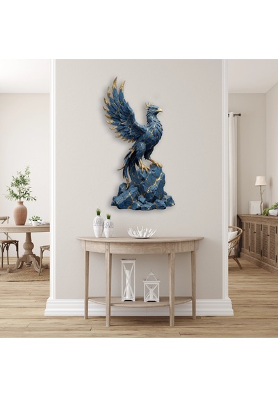 Anka Kuşu Heykeli Mavi-altın - Metal Tablo - Dec0128 27 X 50 Cm Çok Renkli