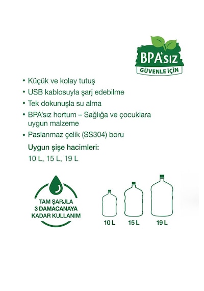 Bpa'sız Şarjlı Damacana Pompası Bpa'sız Boru 10l - 15l - 19l 1200 Mah Siyah