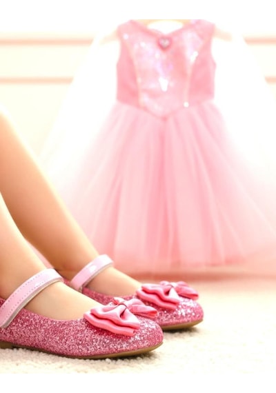 Kız Çocukı Parlak Pembe Pullu Fiyonklu Babet Ayakkabı Pembe