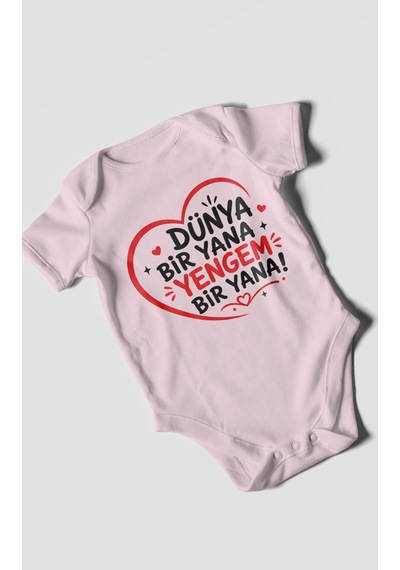Morivokids Dünya Bir Yana Yengem Bir Yana Kısa Kollu Bebek Body %100 Pamuk Bebe Pembe