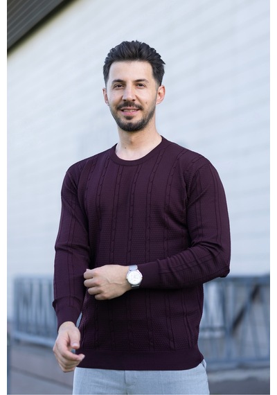 Hk Premium Bisiklet Yaka Örgü Desenli Slim Fit Triko Kazak Bordo