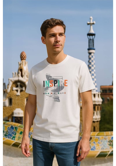 Erkek %100 Pamuk Bisiklet Yaka Yazı Baskılı T-shirt Çok Renkli