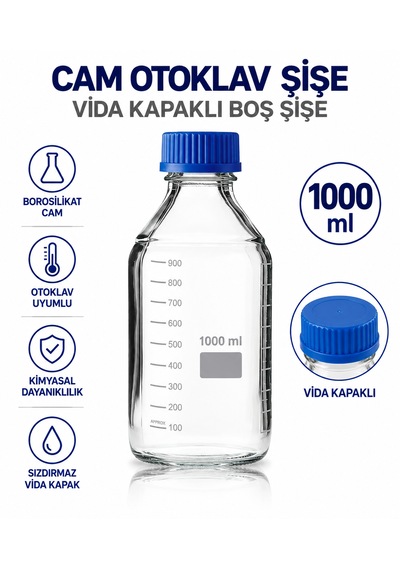 Cam Otoklav Şişe 1000 Ml - Vida Kapaklı Boş Şişe