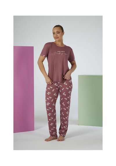 Estiva Kadın Yaprak Alt Desenli Kısa Kollu Soft Pijama Takımı Pudra
