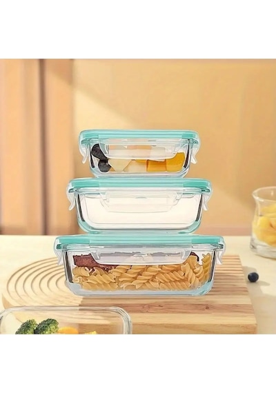 3 Lü Set 1520-1040ml-700ml Bor Cam Kilitli Vakumlu Dikdörtgen Hava Geçirmez Kapaklı Saklama Kabı Mavi