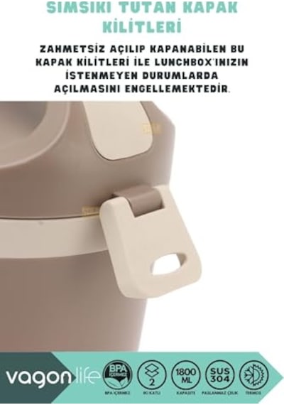 Vagonlife Bento 1800ml Lunchbox 2 Katlı 4-6 Saat Sıcak/soğuk Termos Özellikli Çelik Sefer Tası Yemek Kutusu Bej Diğer